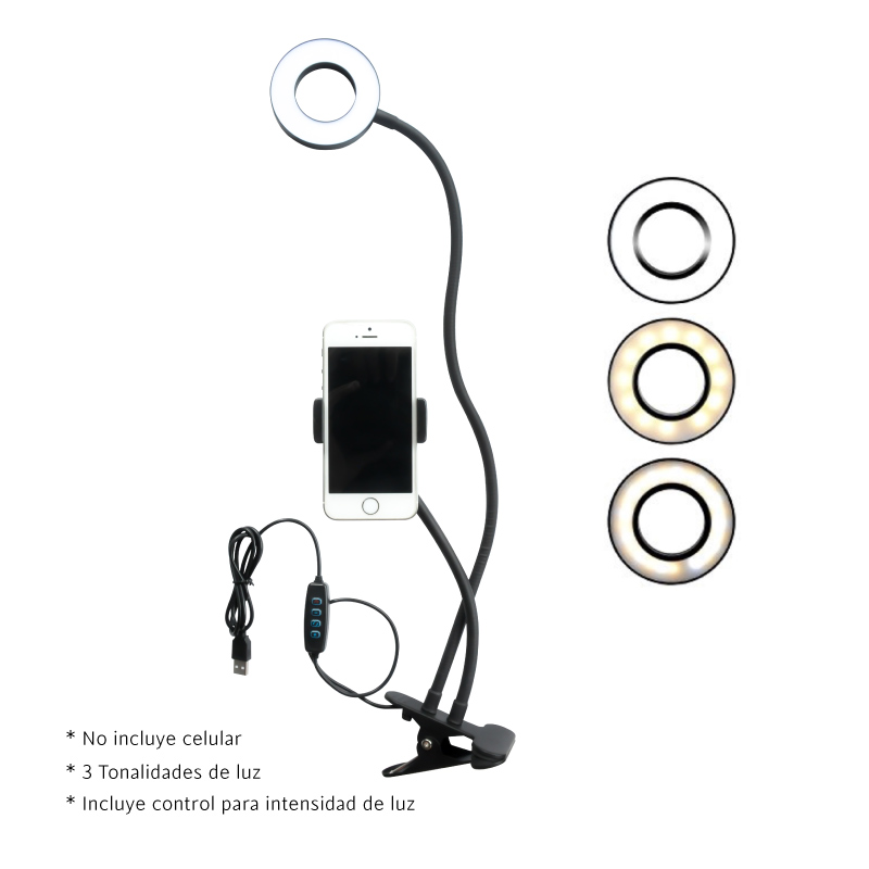 Aro de luz con soporte clip color negro x und