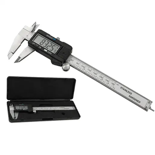 Digital Caliper 15cm. Locking Screw. LCD display screen. Measure Millimeters and Inches. GAU-814