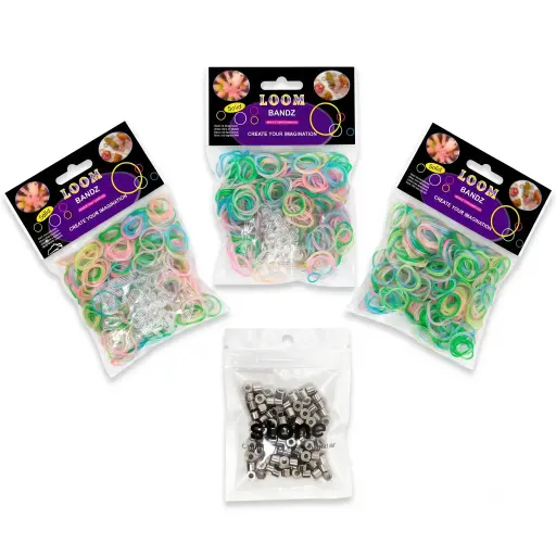 [04142] Combo Pulseras Loom Bandz (3 Paquetes + 100 acrílicos tambor)